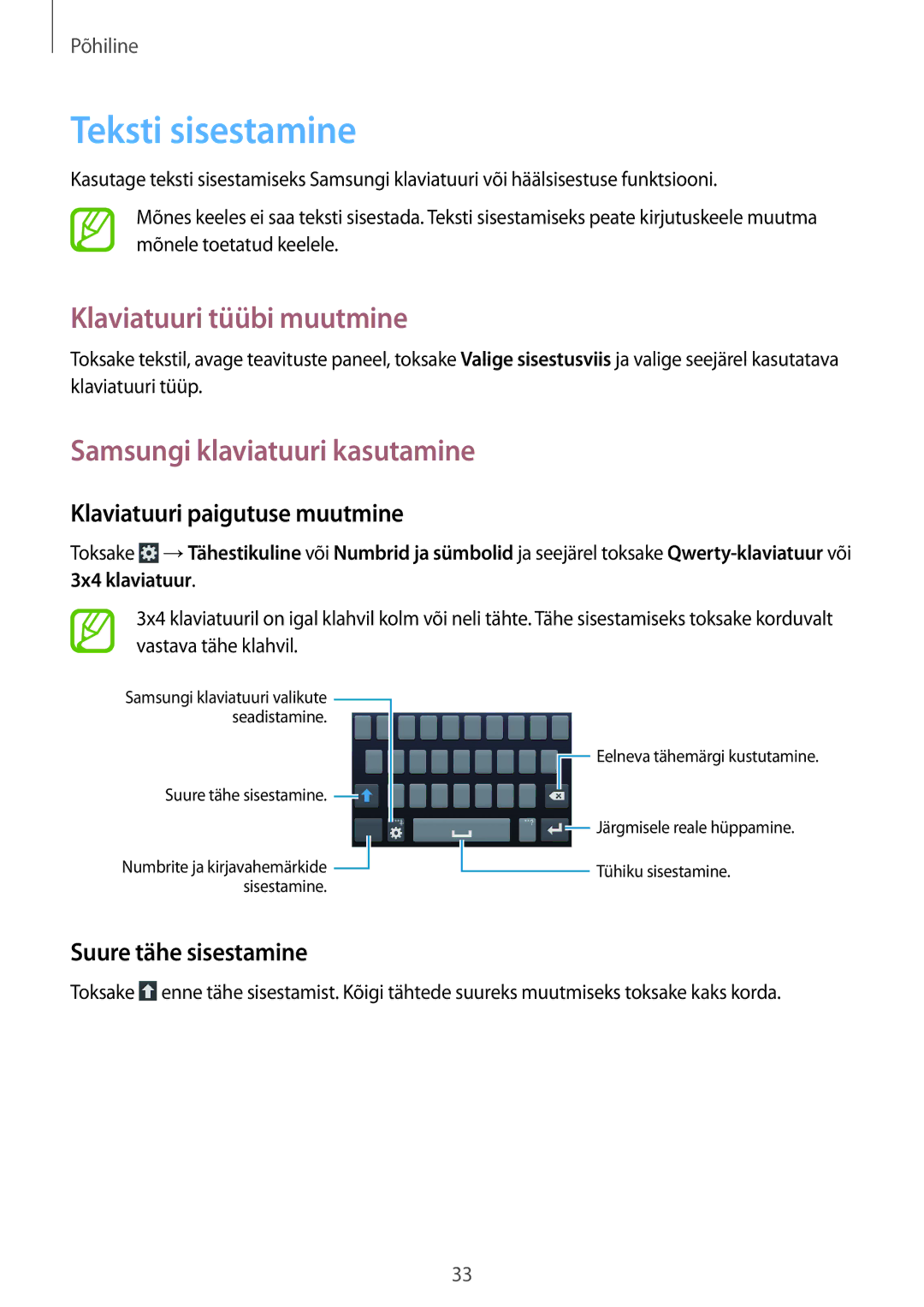 Samsung SM-G386FZKASEB, SM-G386FZWASEB Teksti sisestamine, Klaviatuuri tüübi muutmine, Samsungi klaviatuuri kasutamine 