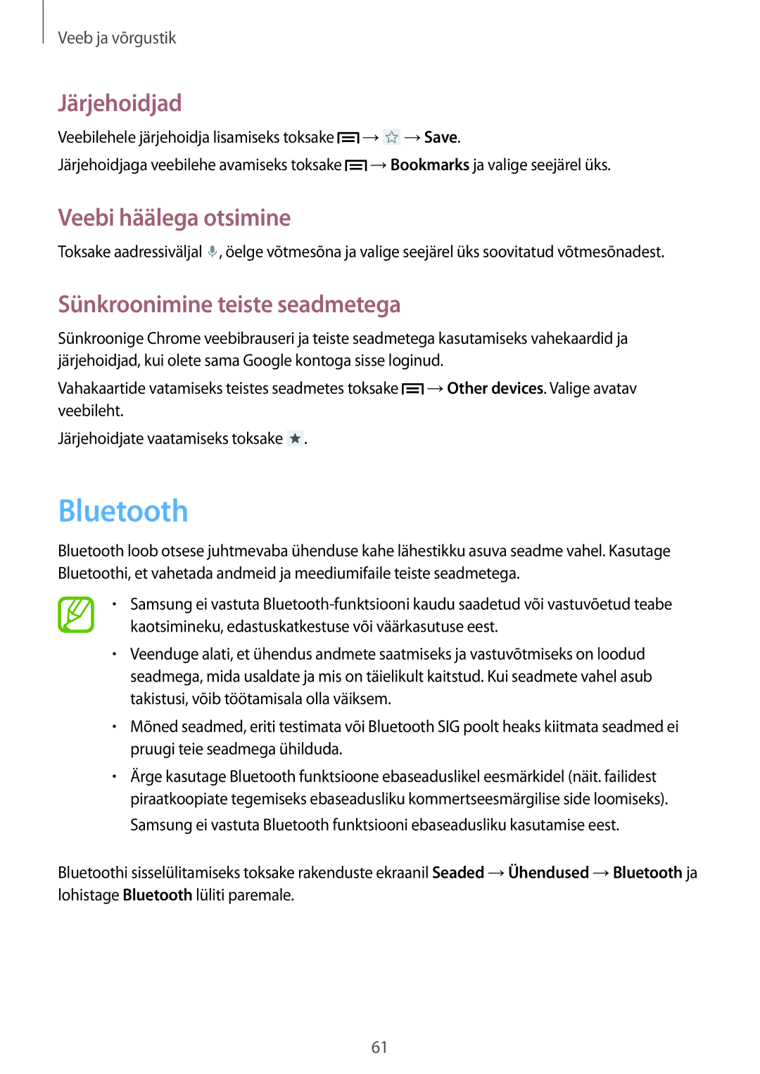 Samsung SM-G386FZKASEB, SM-G386FZWASEB manual Bluetooth, Sünkroonimine teiste seadmetega 