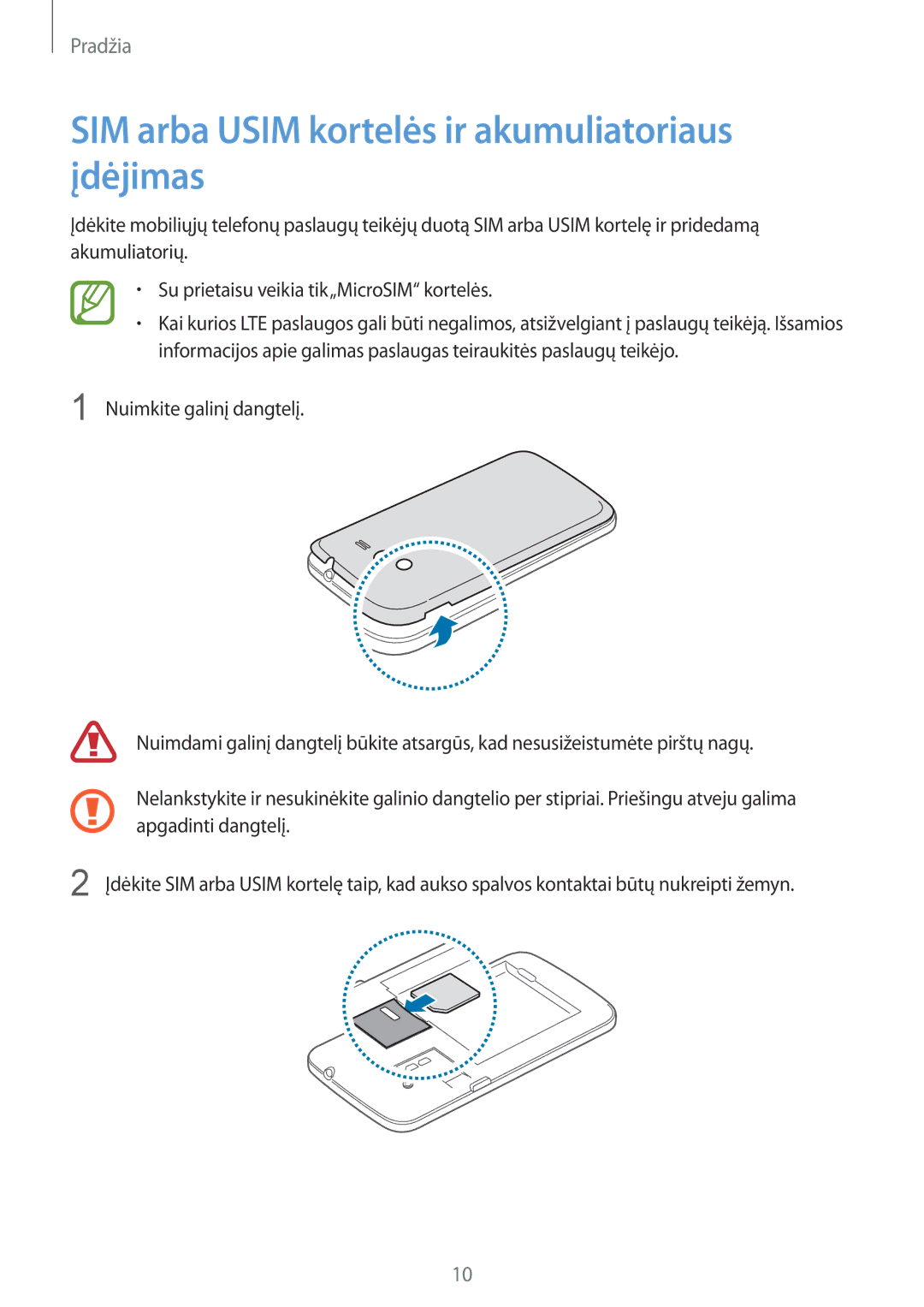 Samsung SM-G386FZWASEB, SM-G386FZKASEB manual SIM arba Usim kortelės ir akumuliatoriaus įdėjimas 