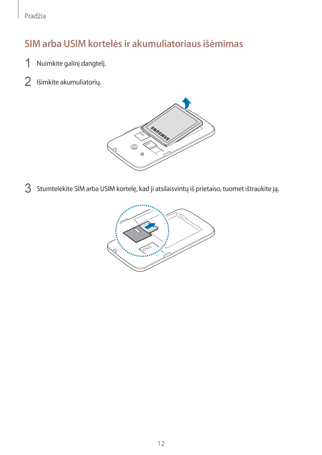 Samsung SM-G386FZWASEB, SM-G386FZKASEB manual SIM arba Usim kortelės ir akumuliatoriaus išėmimas 