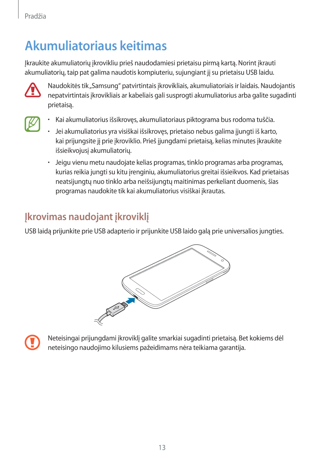 Samsung SM-G386FZKASEB, SM-G386FZWASEB manual Akumuliatoriaus keitimas, Įkrovimas naudojant įkroviklį 