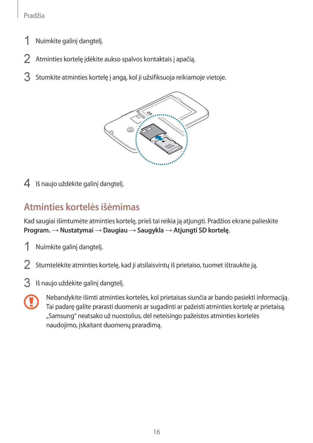 Samsung SM-G386FZWASEB, SM-G386FZKASEB manual Atminties kortelės išėmimas 