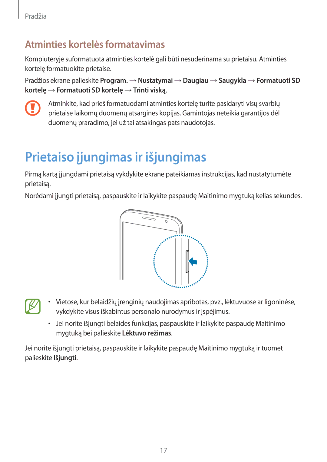 Samsung SM-G386FZKASEB, SM-G386FZWASEB manual Prietaiso įjungimas ir išjungimas, Atminties kortelės formatavimas 