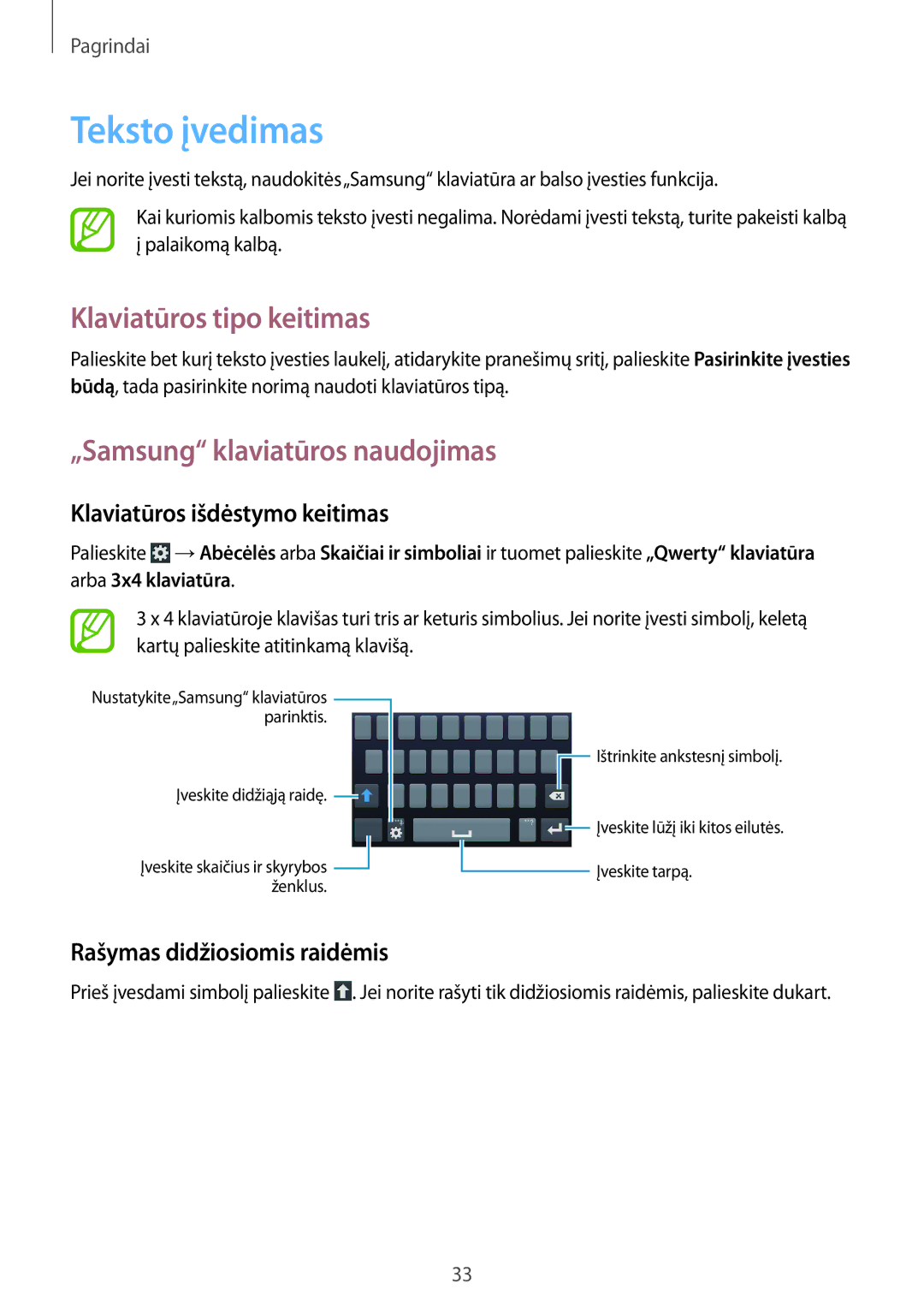 Samsung SM-G386FZKASEB, SM-G386FZWASEB manual Teksto įvedimas, Klaviatūros tipo keitimas, „Samsung klaviatūros naudojimas 