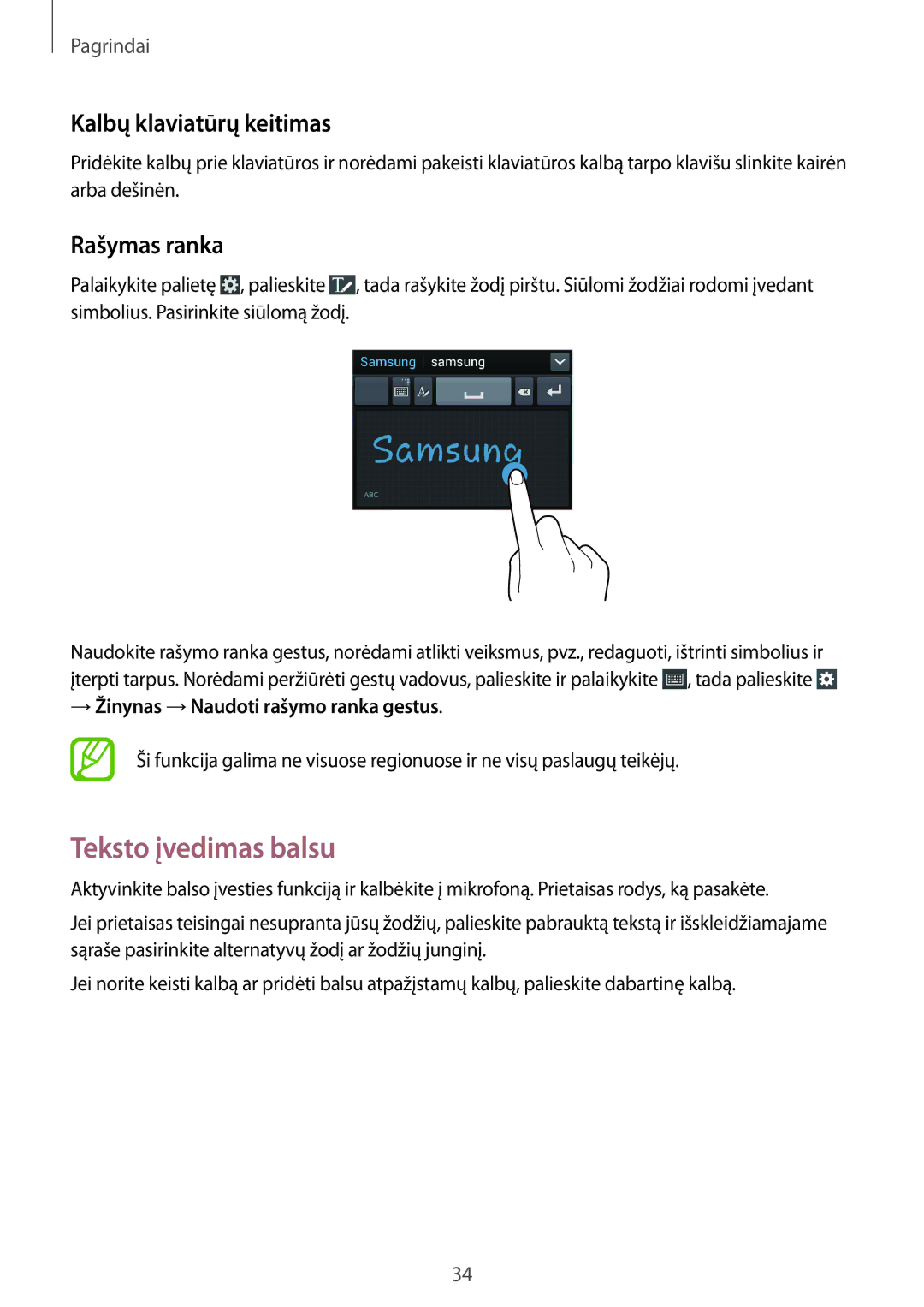 Samsung SM-G386FZWASEB, SM-G386FZKASEB manual Teksto įvedimas balsu, Kalbų klaviatūrų keitimas, Rašymas ranka 