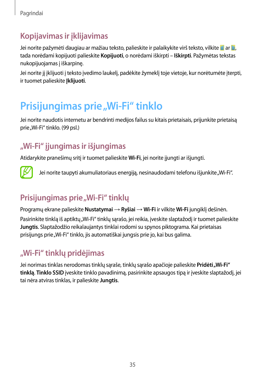 Samsung SM-G386FZKASEB manual Prisijungimas prie„Wi-Fi tinklo, Kopijavimas ir įklijavimas, „Wi-Fi įjungimas ir išjungimas 