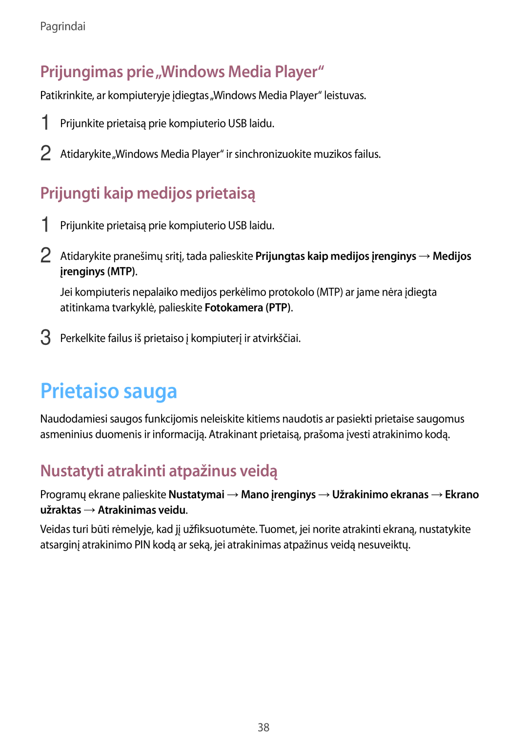Samsung SM-G386FZWASEB manual Prietaiso sauga, Prijungimas prie„Windows Media Player, Prijungti kaip medijos prietaisą 