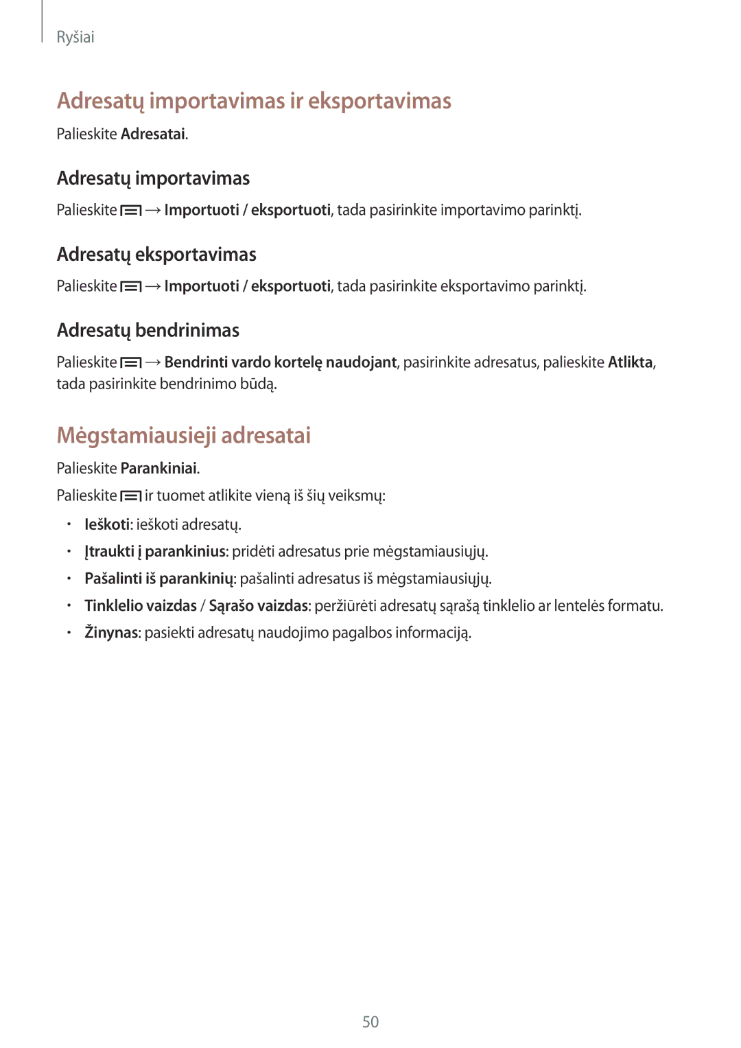 Samsung SM-G386FZWASEB manual Adresatų importavimas ir eksportavimas, Mėgstamiausieji adresatai, Adresatų eksportavimas 