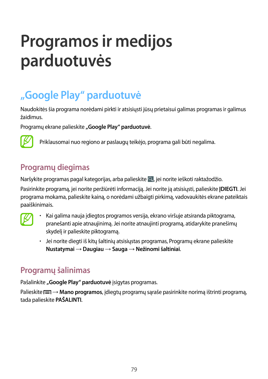 Samsung SM-G386FZKASEB, SM-G386FZWASEB manual Programos ir medijos parduotuvės, „Google Play parduotuvė 