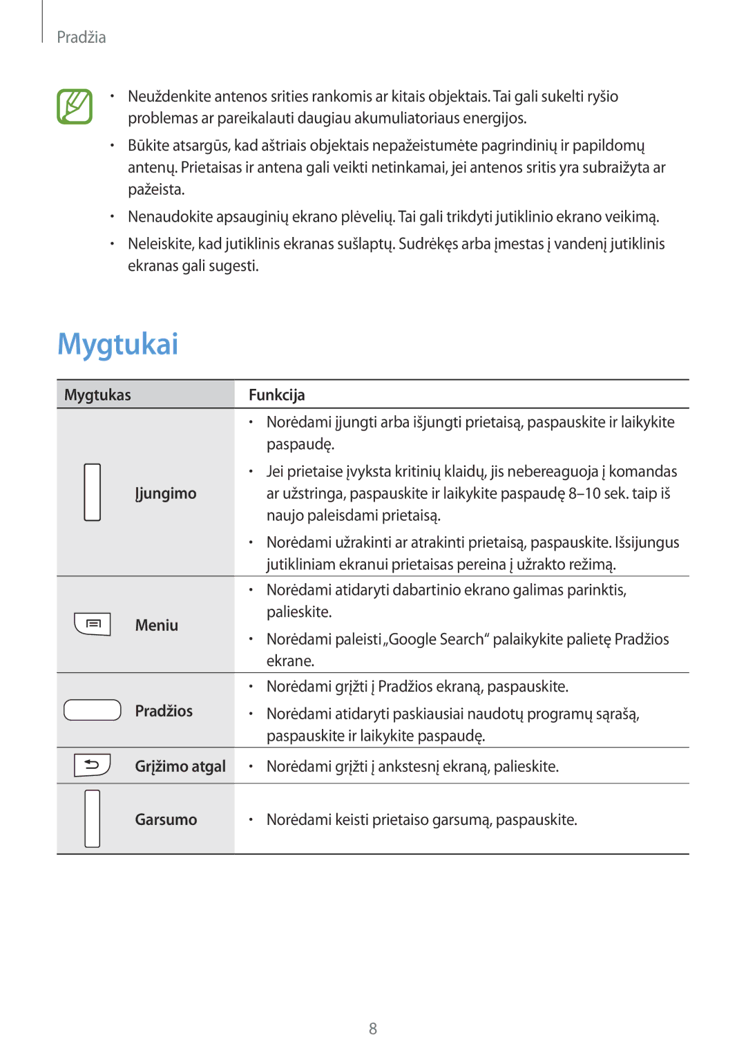 Samsung SM-G386FZWASEB, SM-G386FZKASEB manual Mygtukai, Pradžia 