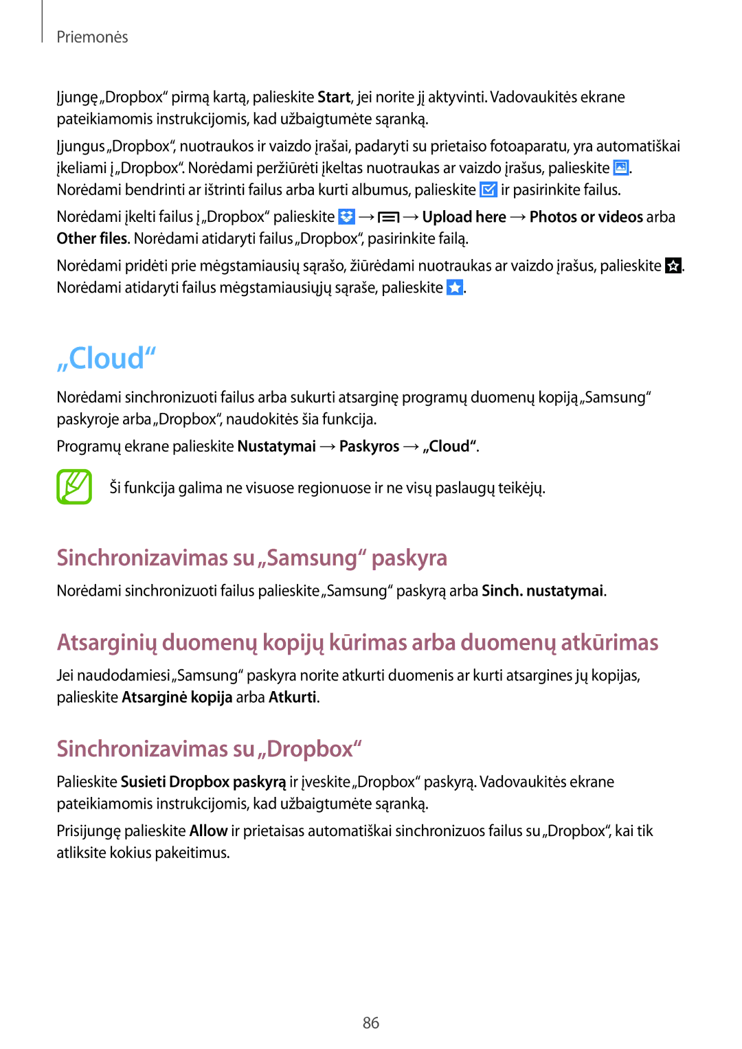 Samsung SM-G386FZWASEB, SM-G386FZKASEB manual „Cloud, Sinchronizavimas su„Samsung paskyra, Sinchronizavimas su„Dropbox 