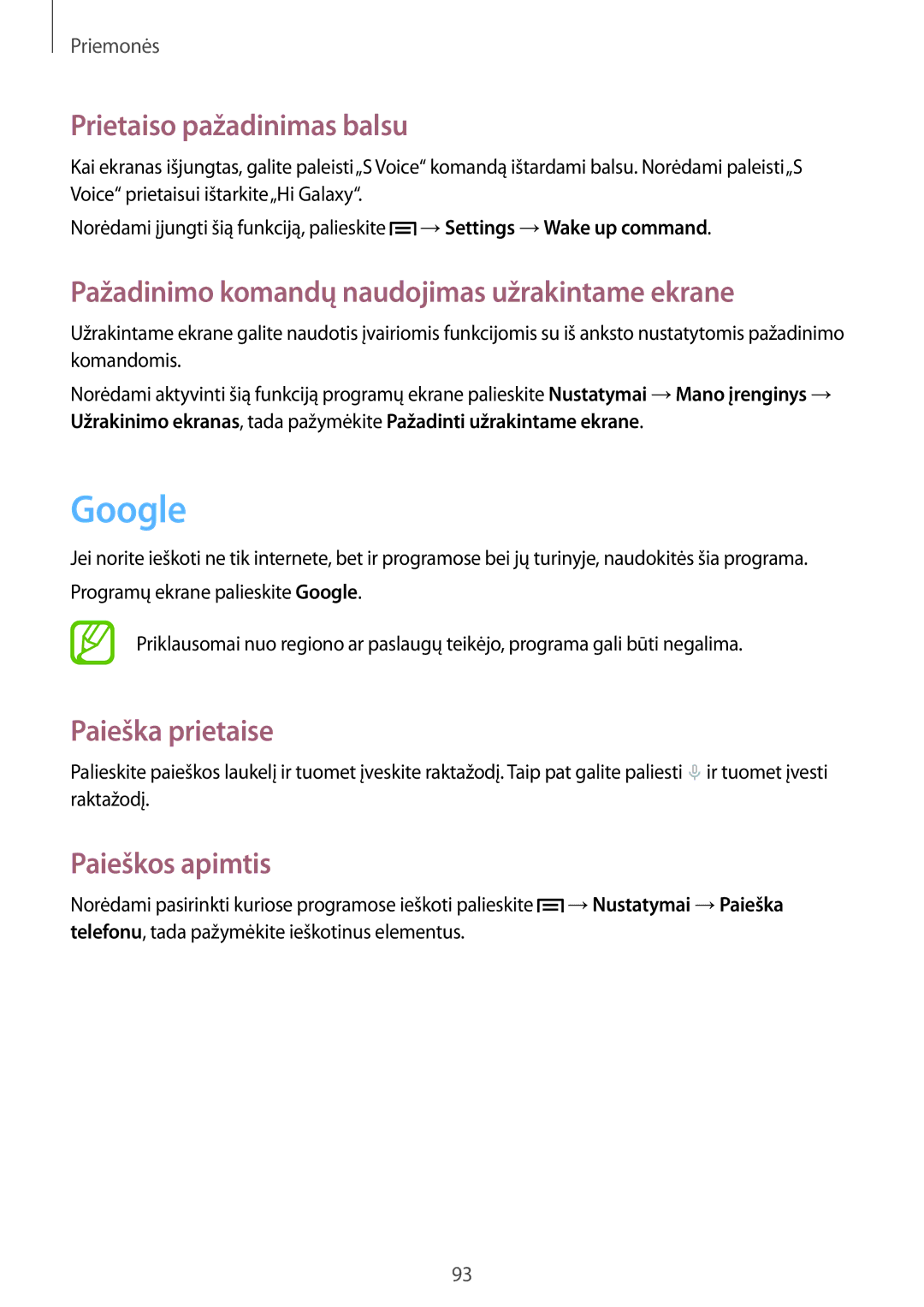 Samsung SM-G386FZKASEB manual Google, Prietaiso pažadinimas balsu, Pažadinimo komandų naudojimas užrakintame ekrane 