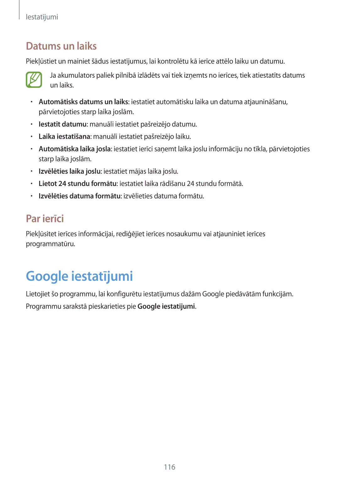 Samsung SM-G386FZWASEB, SM-G386FZKASEB manual Google iestatījumi, Datums un laiks, Par ierīci 