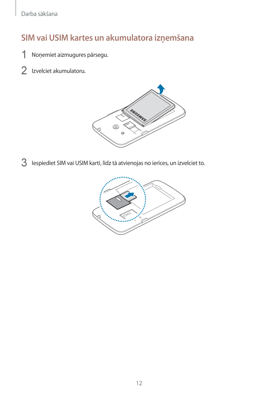 Samsung SM-G386FZWASEB, SM-G386FZKASEB manual SIM vai Usim kartes un akumulatora izņemšana 