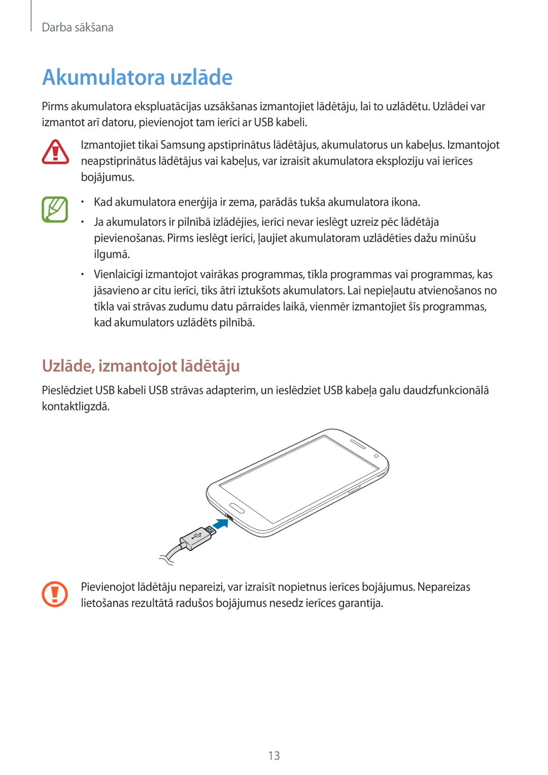 Samsung SM-G386FZKASEB, SM-G386FZWASEB manual Akumulatora uzlāde, Uzlāde, izmantojot lādētāju 