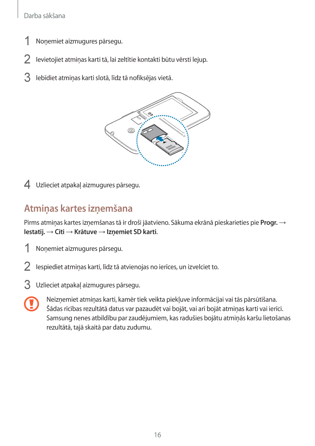 Samsung SM-G386FZWASEB, SM-G386FZKASEB manual Atmiņas kartes izņemšana 