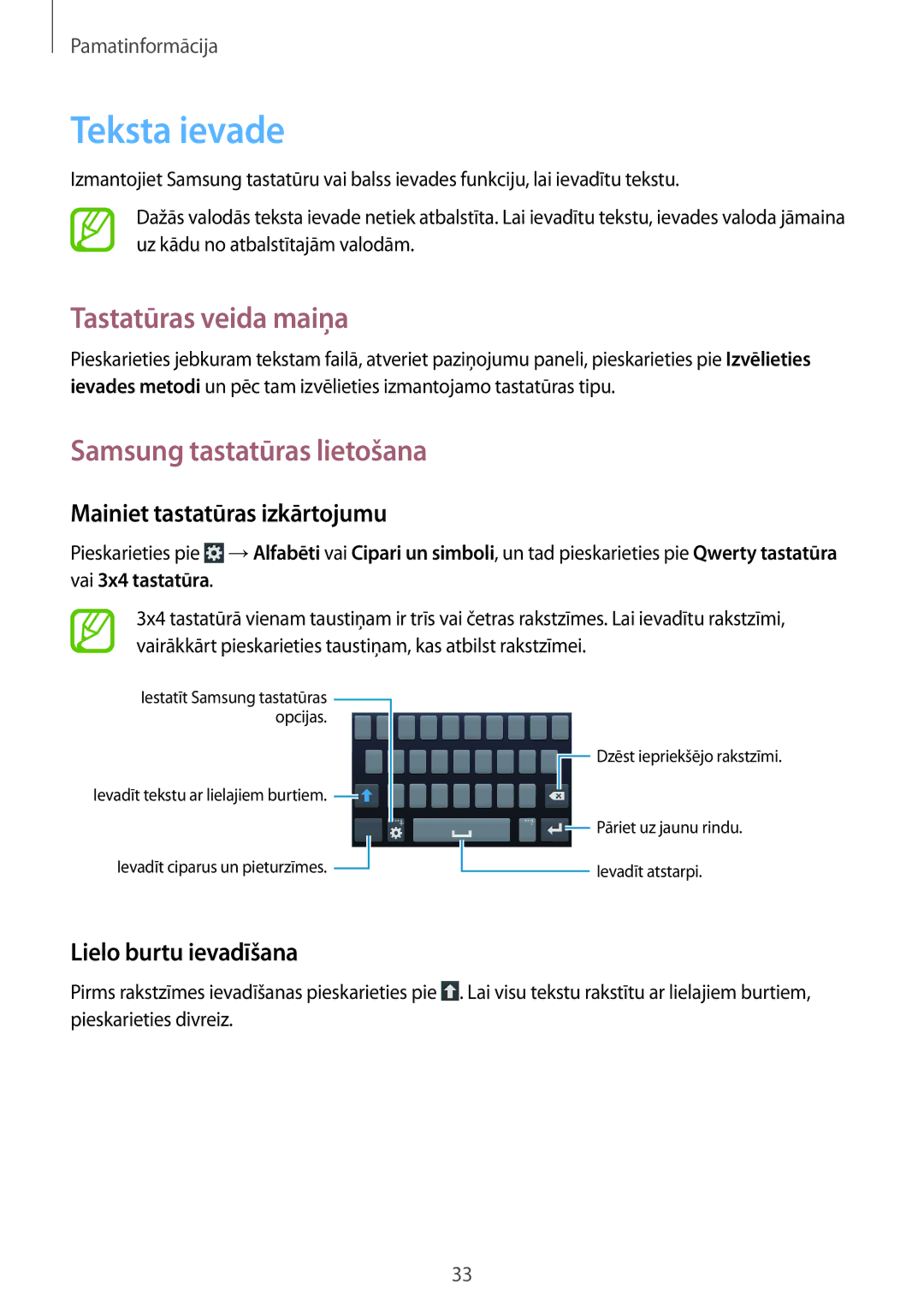 Samsung SM-G386FZKASEB Teksta ievade, Tastatūras veida maiņa, Samsung tastatūras lietošana, Mainiet tastatūras izkārtojumu 