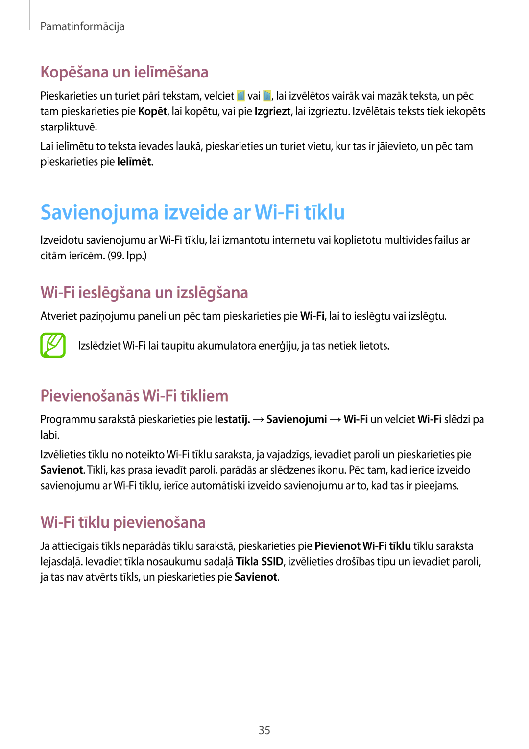 Samsung SM-G386FZKASEB manual Savienojuma izveide ar Wi-Fi tīklu, Kopēšana un ielīmēšana, Wi-Fi ieslēgšana un izslēgšana 