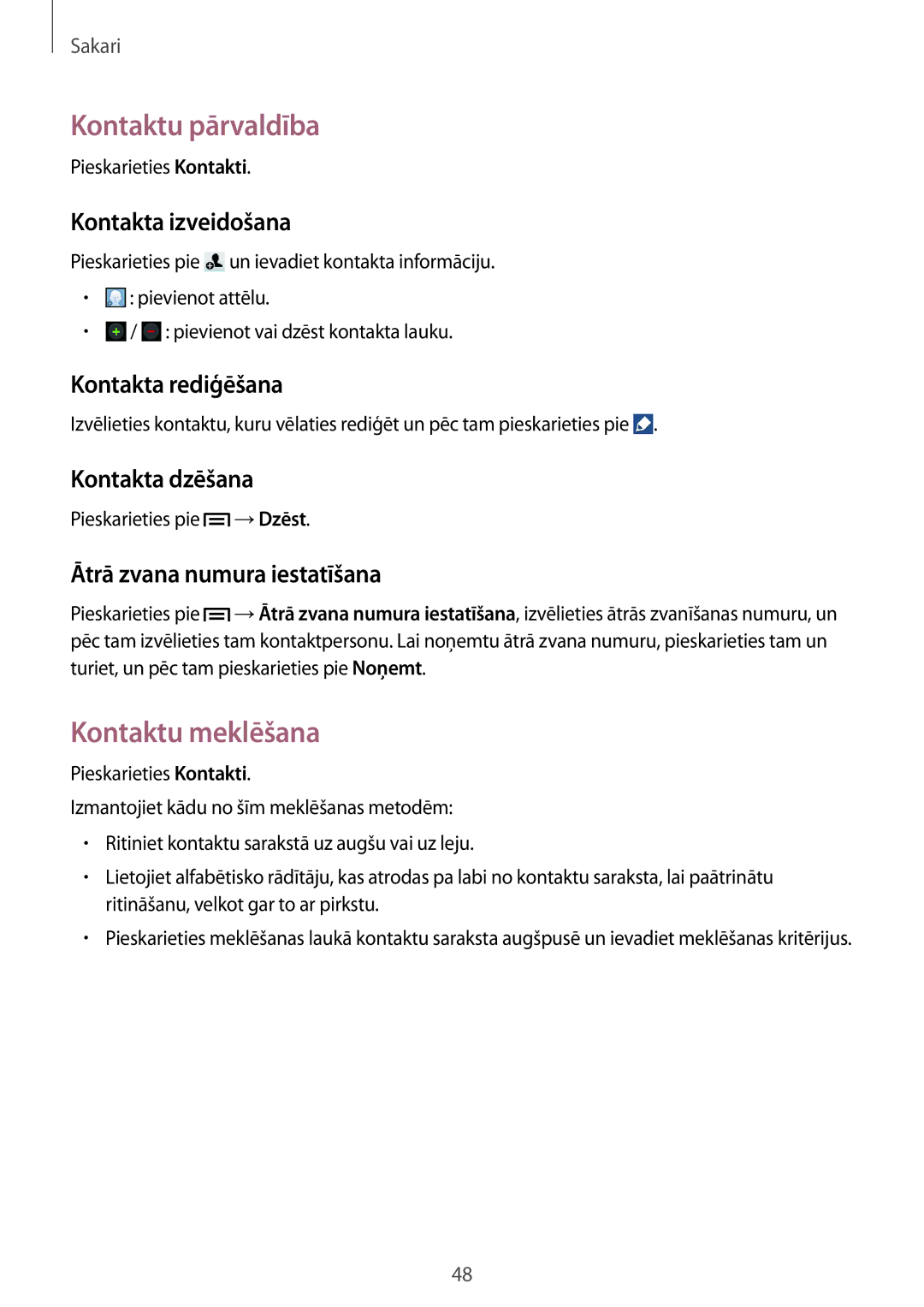 Samsung SM-G386FZWASEB, SM-G386FZKASEB manual Kontaktu pārvaldība, Kontaktu meklēšana 
