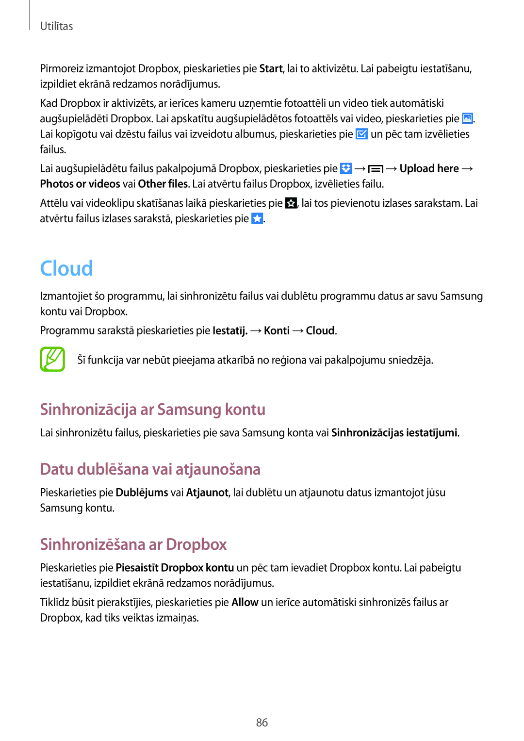 Samsung SM-G386FZWASEB Cloud, Sinhronizācija ar Samsung kontu, Datu dublēšana vai atjaunošana, Sinhronizēšana ar Dropbox 
