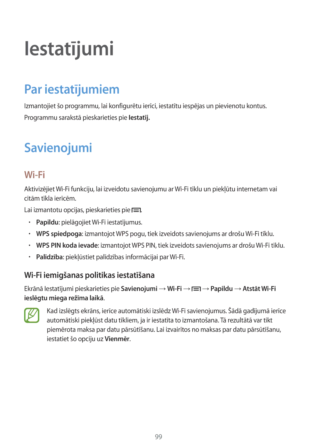 Samsung SM-G386FZKASEB manual Iestatījumi, Par iestatījumiem, Savienojumi, Wi-Fi iemigšanas politikas iestatīšana 