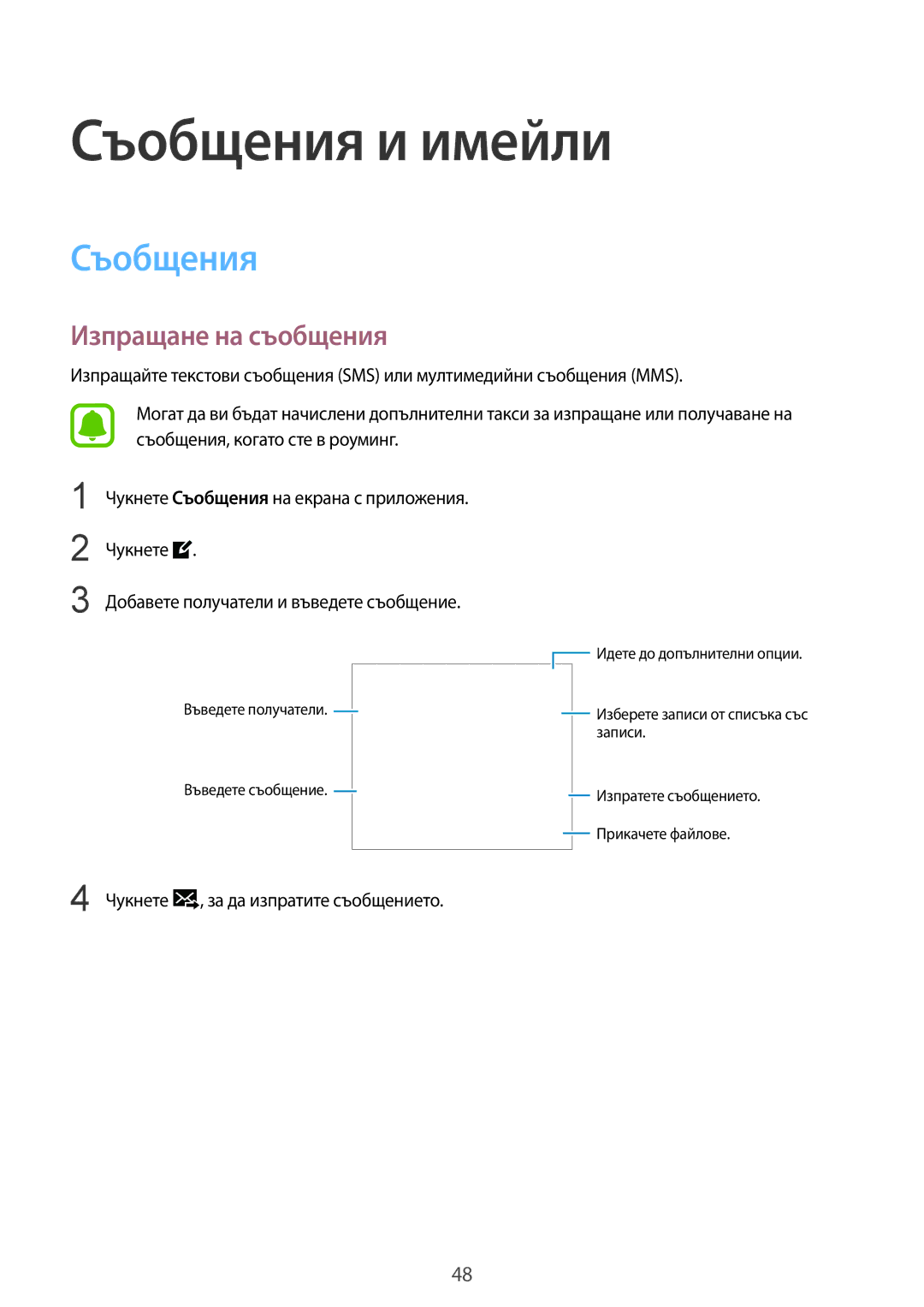 Samsung SM-G388FDSABGL manual Съобщения и имейли, Изпращане на съобщения 