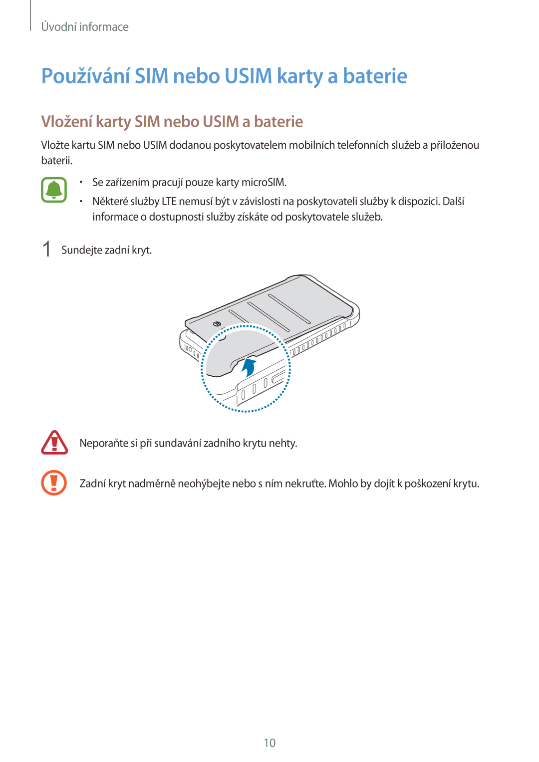 Samsung SM-G388FDSAETL manual Používání SIM nebo Usim karty a baterie, Vložení karty SIM nebo Usim a baterie 