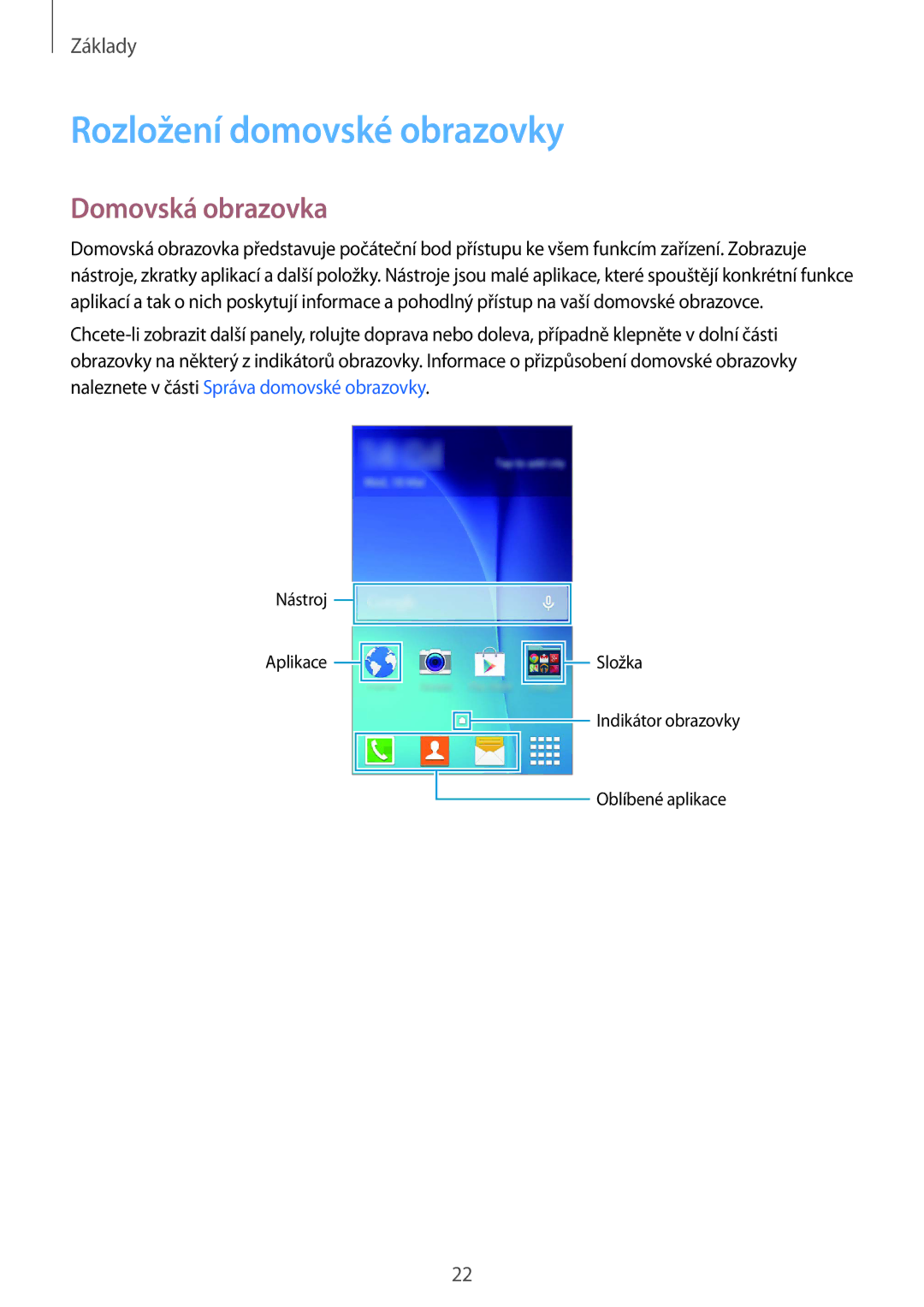 Samsung SM-G388FDSAETL manual Rozložení domovské obrazovky, Domovská obrazovka 