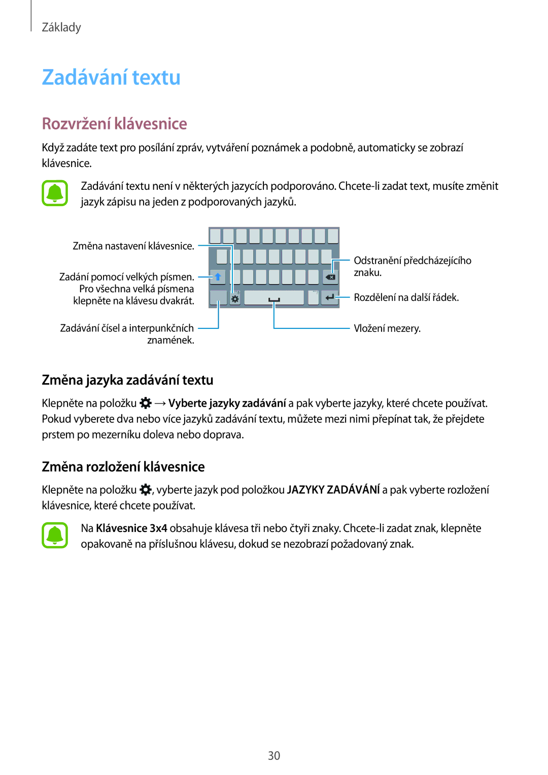 Samsung SM-G388FDSAETL manual Zadávání textu, Rozvržení klávesnice, Změna jazyka zadávání textu, Změna rozložení klávesnice 