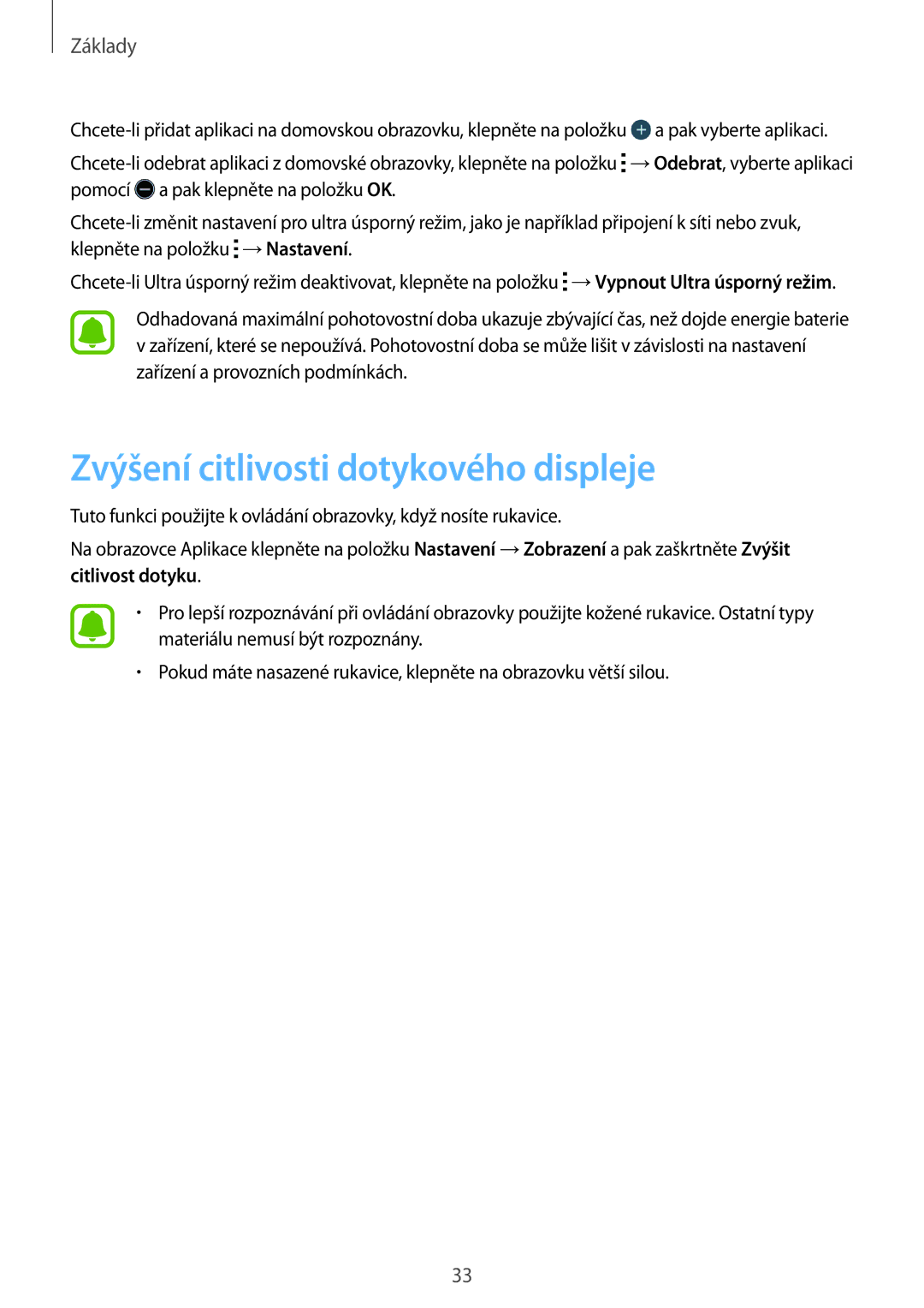 Samsung SM-G388FDSAETL manual Zvýšení citlivosti dotykového displeje 