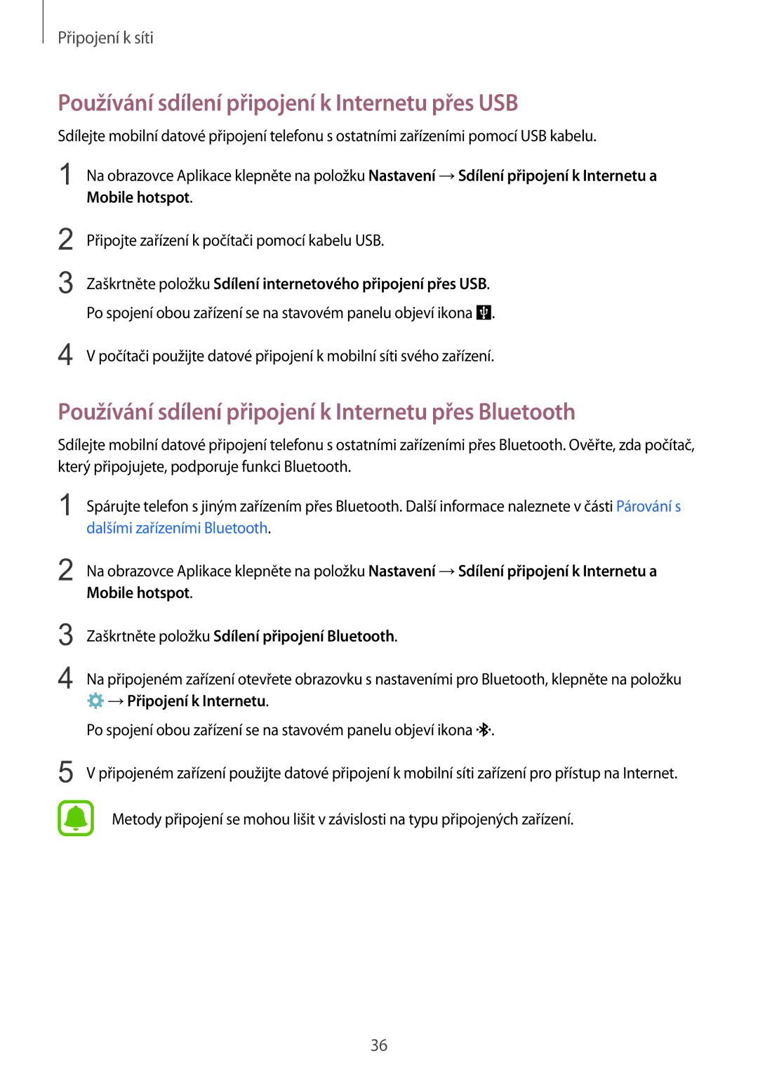 Samsung SM-G388FDSAETL manual Používání sdílení připojení k Internetu přes USB 