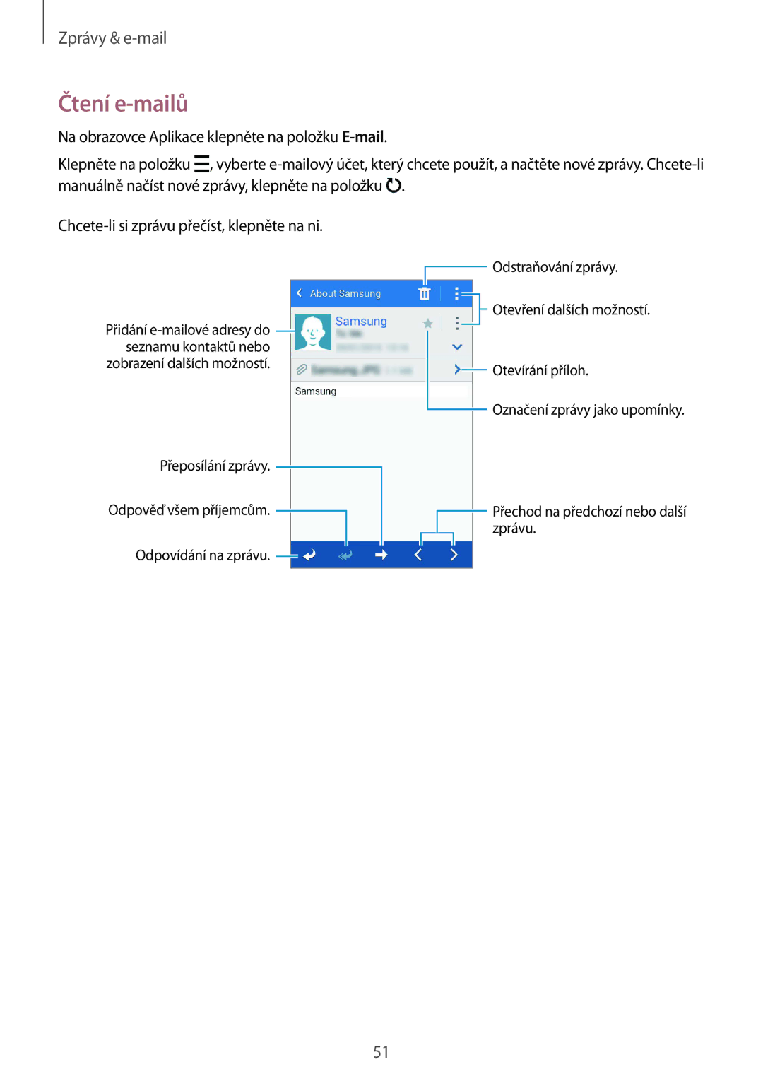 Samsung SM-G388FDSAETL manual Čtení e-mailů 