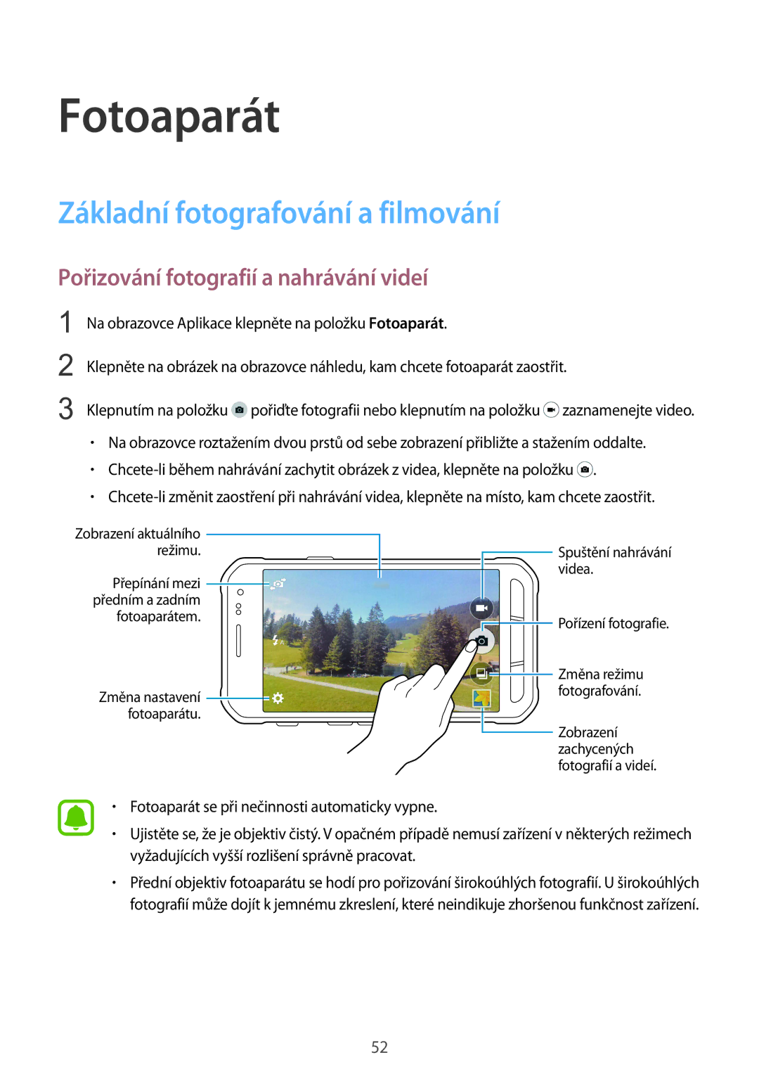 Samsung SM-G388FDSAETL manual Fotoaparát, Základní fotografování a filmování, Pořizování fotografií a nahrávání videí 