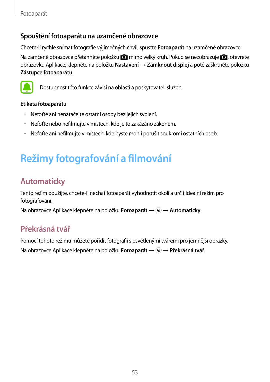 Samsung SM-G388FDSAETL manual Režimy fotografování a filmování, Automaticky, Překrásná tvář 