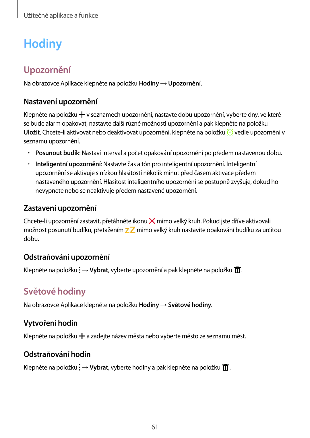 Samsung SM-G388FDSAETL manual Hodiny, Upozornění, Světové hodiny 