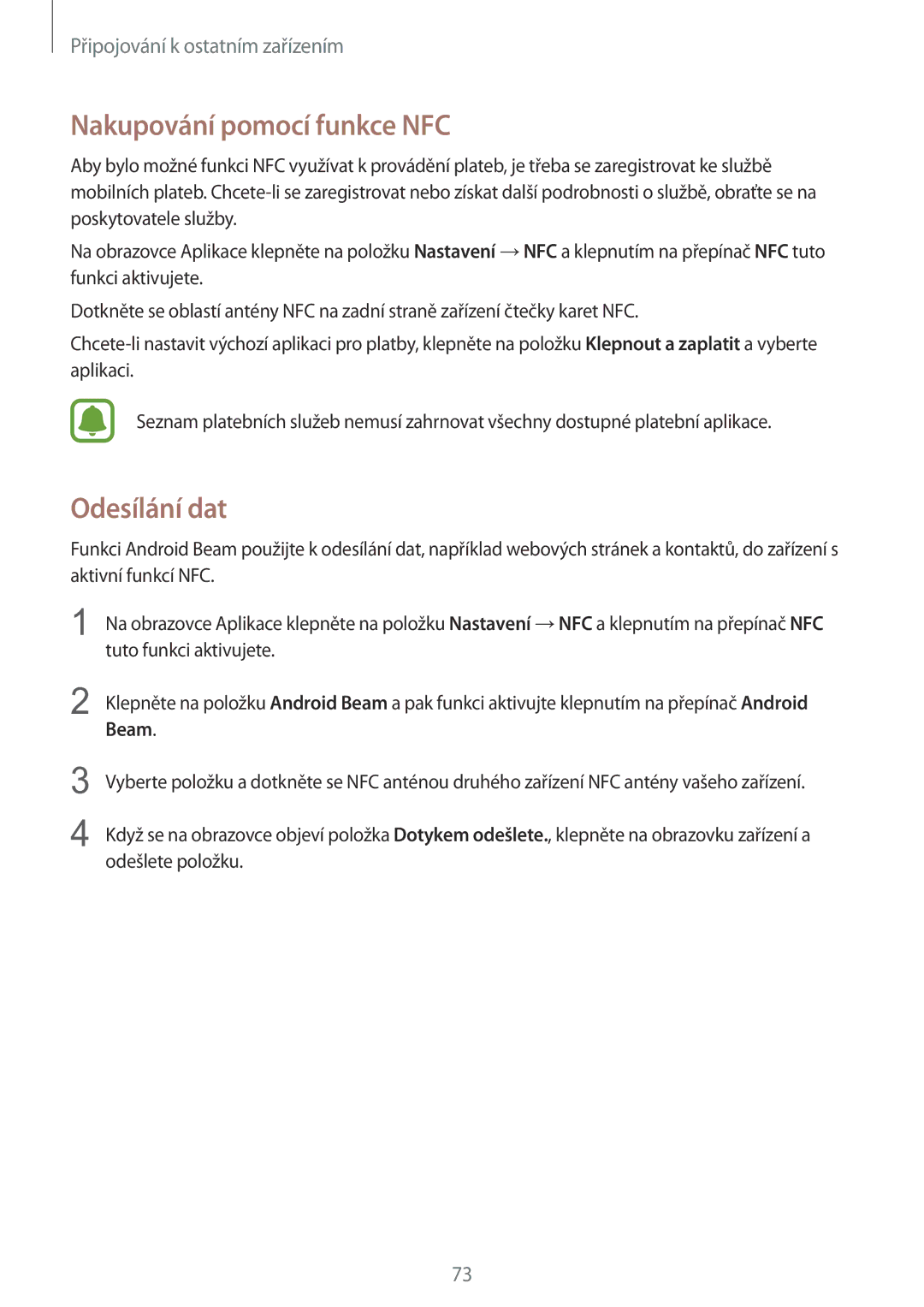 Samsung SM-G388FDSAETL manual Nakupování pomocí funkce NFC, Odesílání dat 