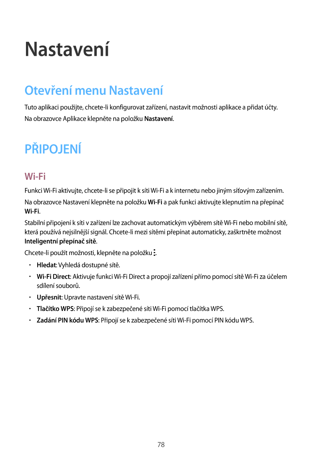 Samsung SM-G388FDSAETL manual Otevření menu Nastavení, Wi-Fi 