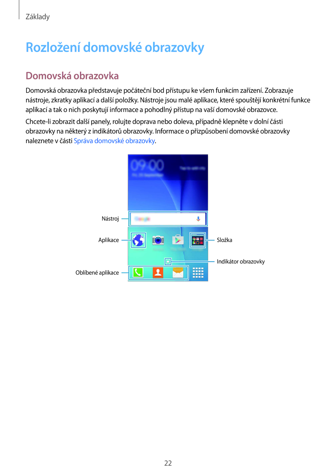 Samsung SM-G388FDSAETL manual Rozložení domovské obrazovky, Domovská obrazovka 