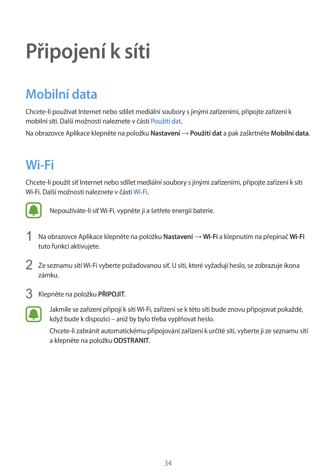 Samsung SM-G388FDSAETL manual Připojení k síti, Mobilní data, Wi-Fi 