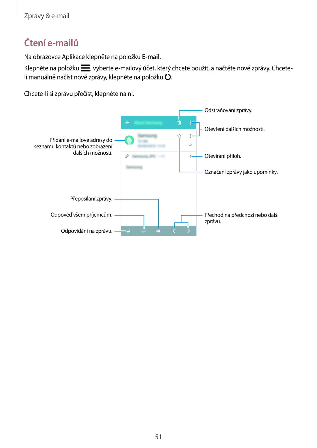 Samsung SM-G388FDSAETL manual Čtení e-mailů 