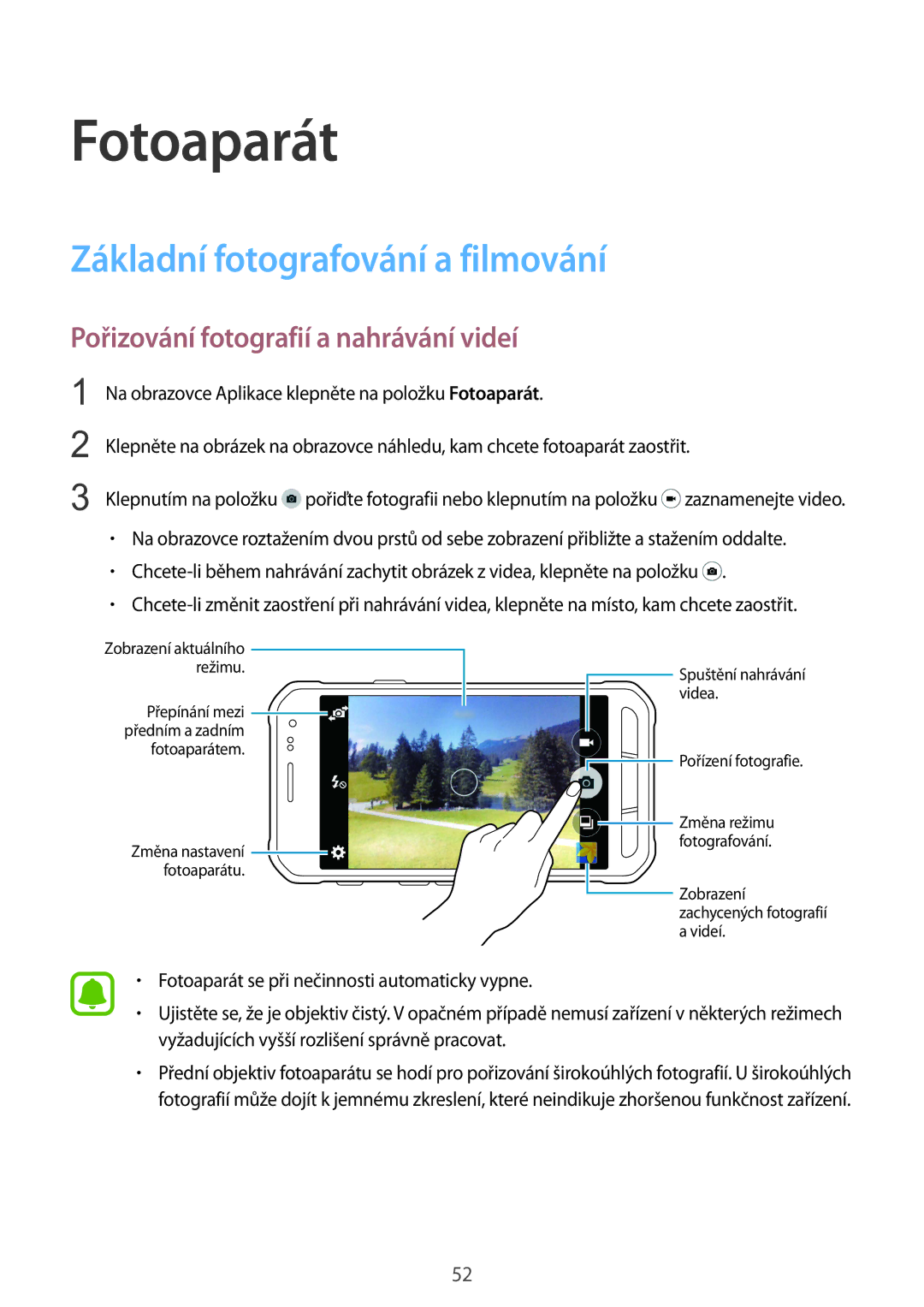 Samsung SM-G388FDSAETL manual Fotoaparát, Základní fotografování a filmování, Pořizování fotografií a nahrávání videí 