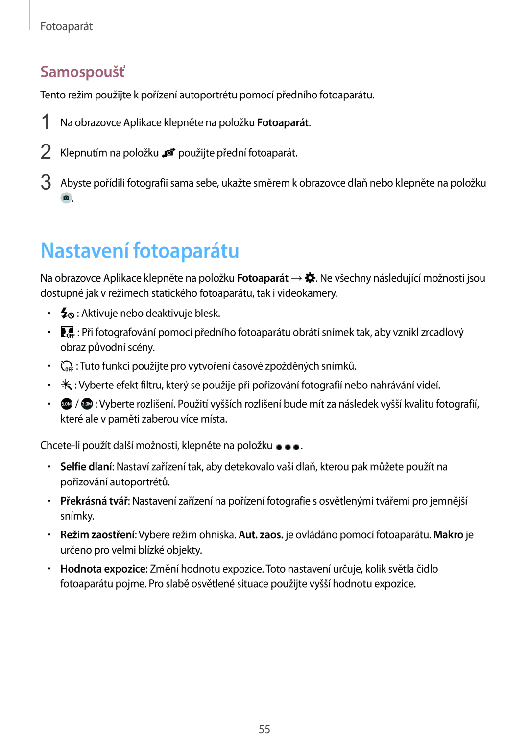 Samsung SM-G388FDSAETL manual Nastavení fotoaparátu, Samospoušť 