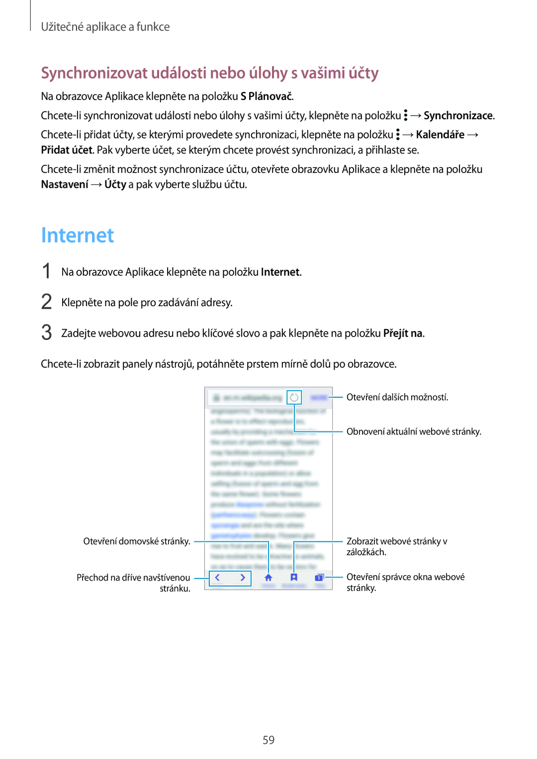 Samsung SM-G388FDSAETL manual Internet, Synchronizovat události nebo úlohy s vašimi účty 