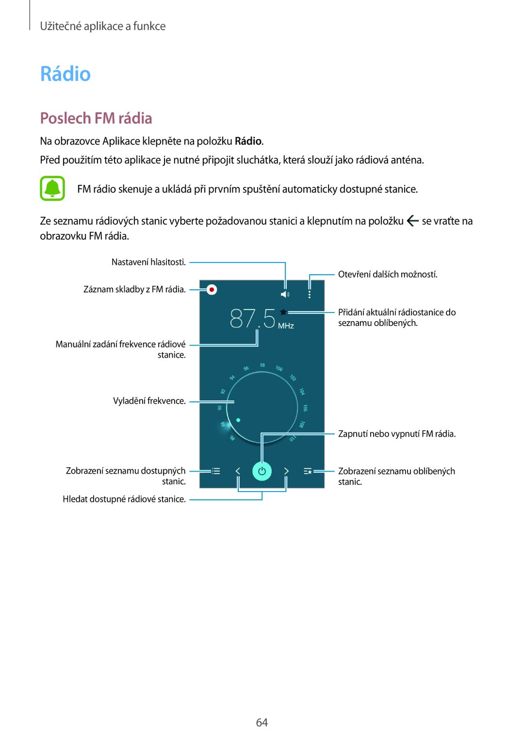 Samsung SM-G388FDSAETL manual Rádio, Poslech FM rádia 