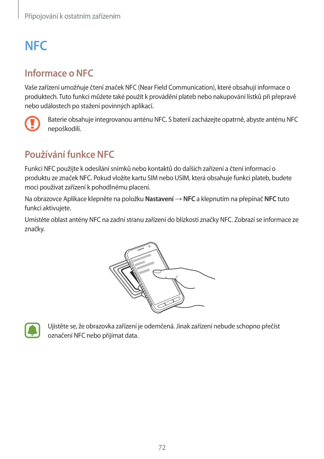 Samsung SM-G388FDSAETL manual Informace o NFC, Používání funkce NFC 