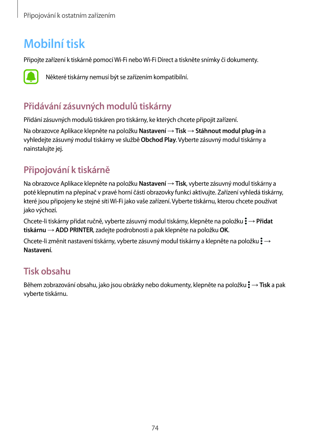 Samsung SM-G388FDSAETL manual Mobilní tisk, Přidávání zásuvných modulů tiskárny, Připojování k tiskárně, Tisk obsahu 