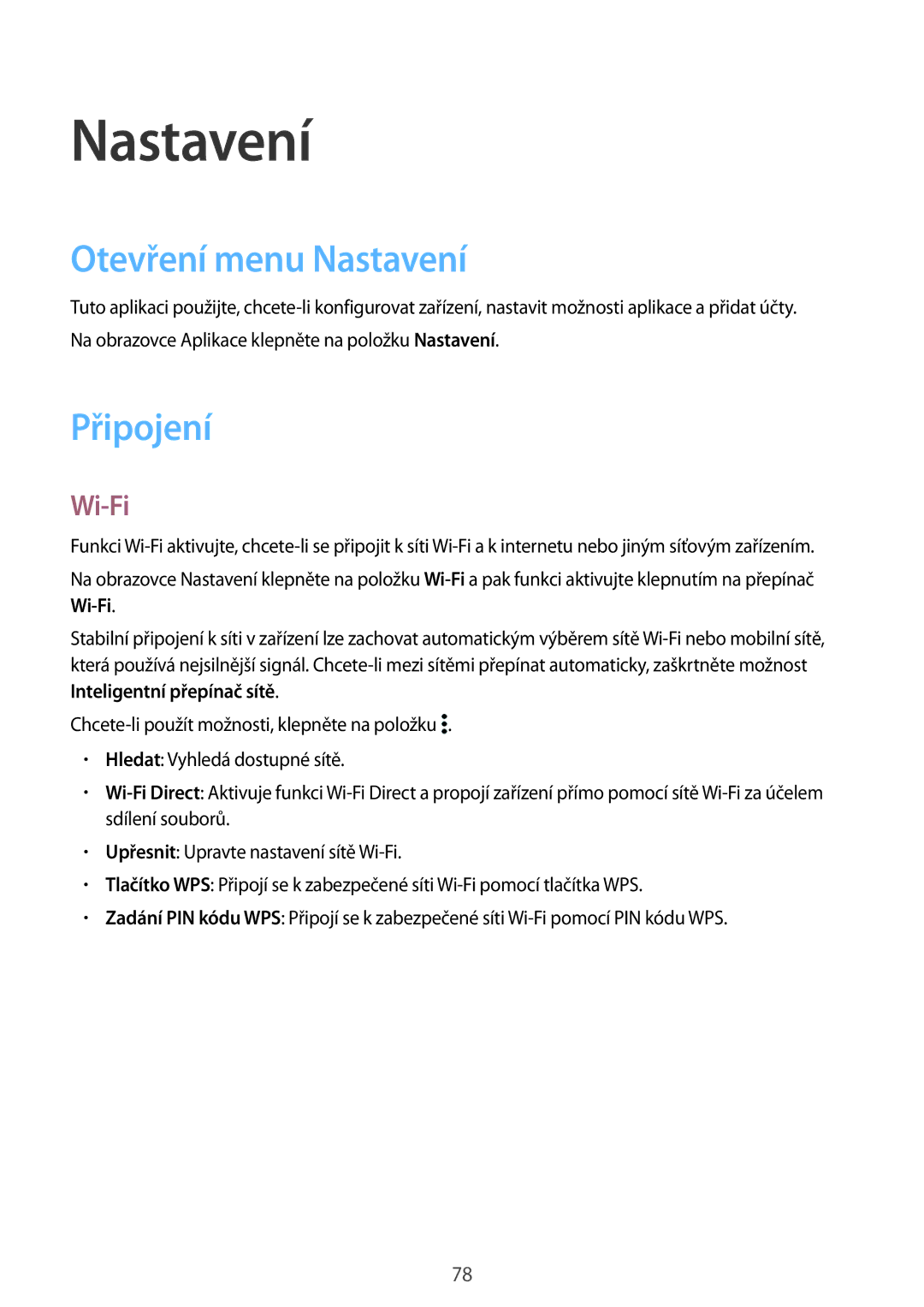 Samsung SM-G388FDSAETL manual Otevření menu Nastavení, Připojení, Wi-Fi 