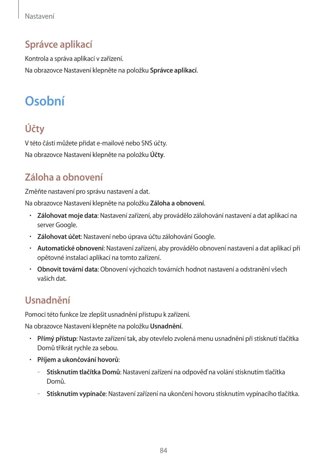 Samsung SM-G388FDSAETL manual Osobní, Správce aplikací, Účty, Záloha a obnovení, Usnadnění 