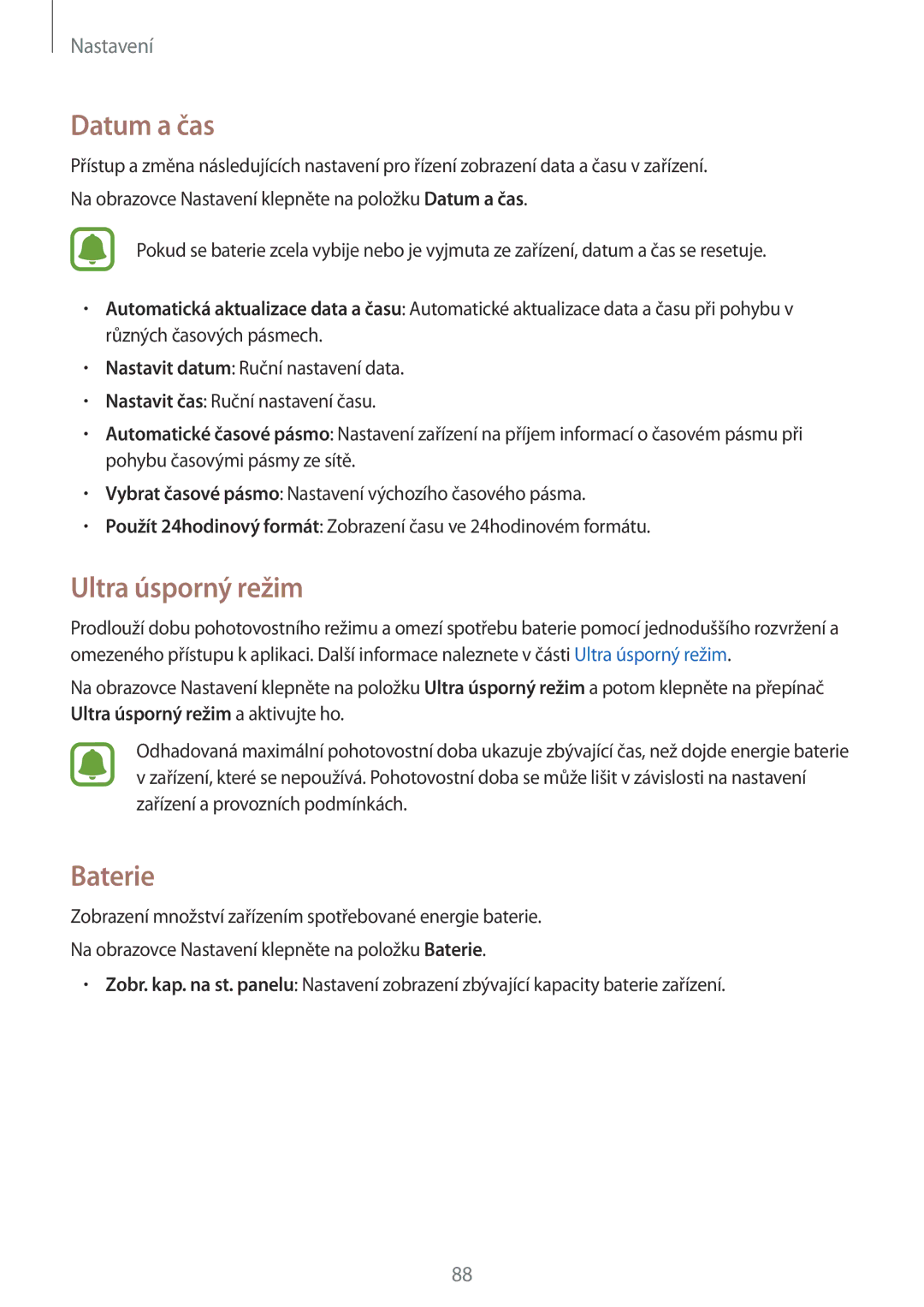 Samsung SM-G388FDSAETL manual Datum a čas, Ultra úsporný režim, Baterie 