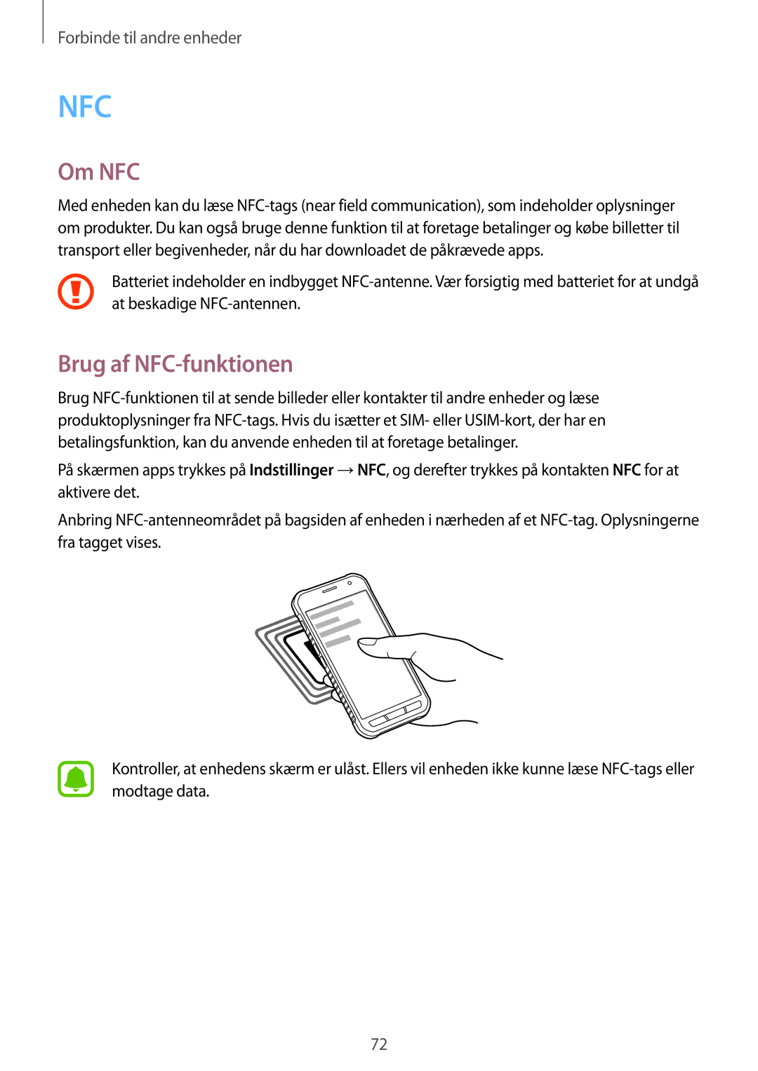 Samsung SM-G388FDSAHTS, SM-G388FDSATEN, SM-G388FDSANEE manual Om NFC, Brug af NFC-funktionen 